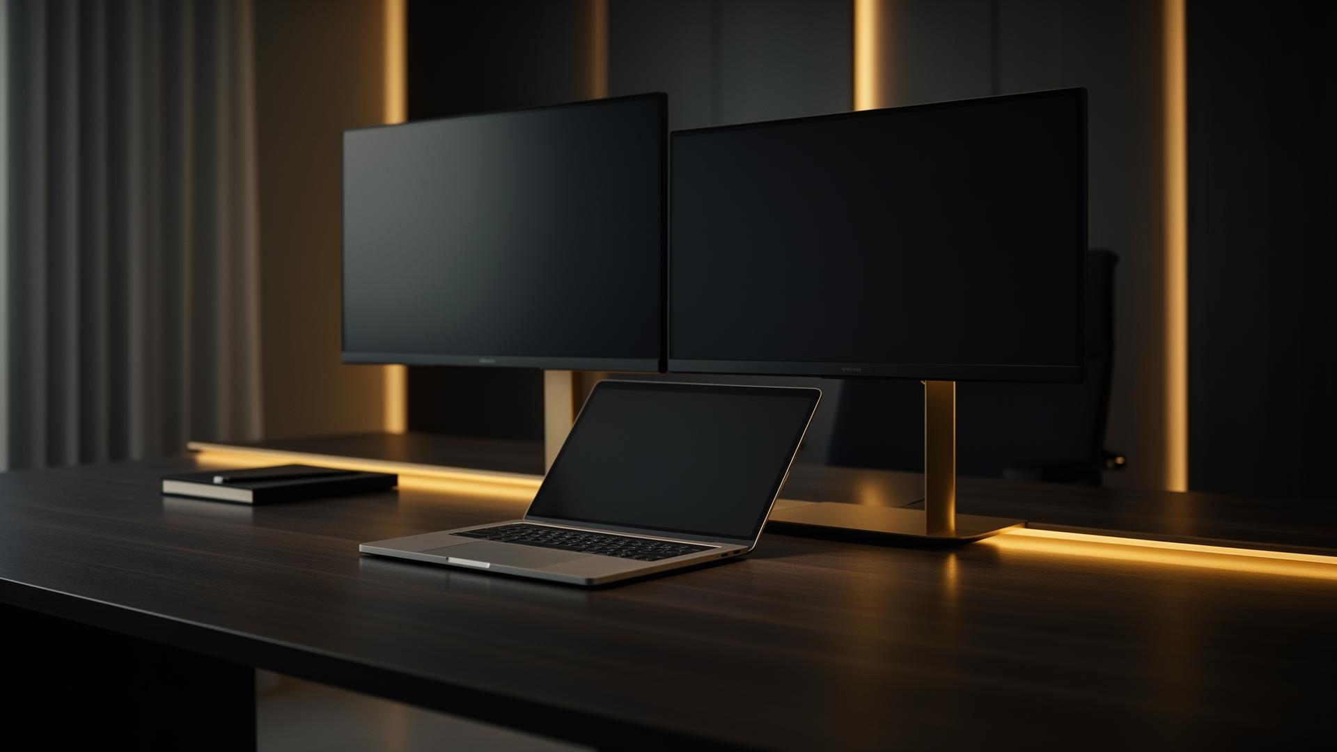 Premium business workstation with laptop and dual monitors